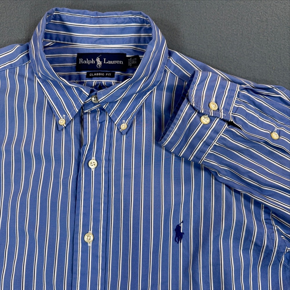 Ralph Lauren Classic Fit Blue White Striped Cotton Button Down Shirt 16.5 34/35